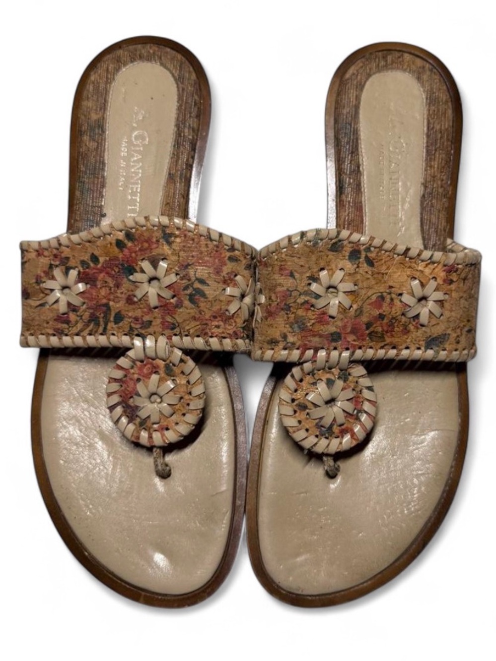 A. Giannetti Made in Italy Floral Cork Sandals Whipstitch Boho Slides Women’s 9